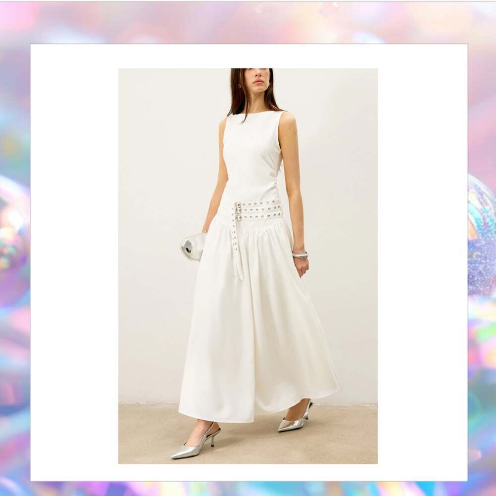 Commense Elegant White Sleeveless Maxi Dress with Eyelet Belt Size Small NWT
